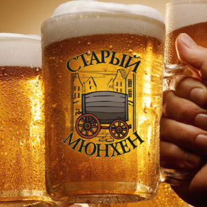 Разработка логотипа, фирменного стиля, оформление входной группы магазина разливного пива «Старый Мюнхен», Москва.