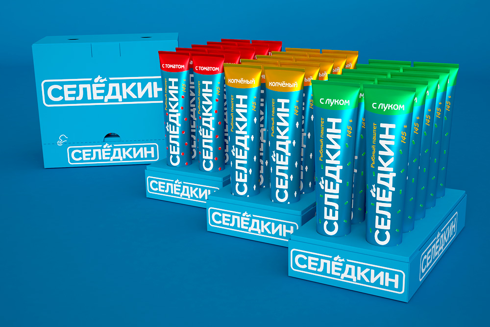 Создание бренда рыбных паштетов "Селёдкин": разработка дизайна логотипа и упаковки продукции.